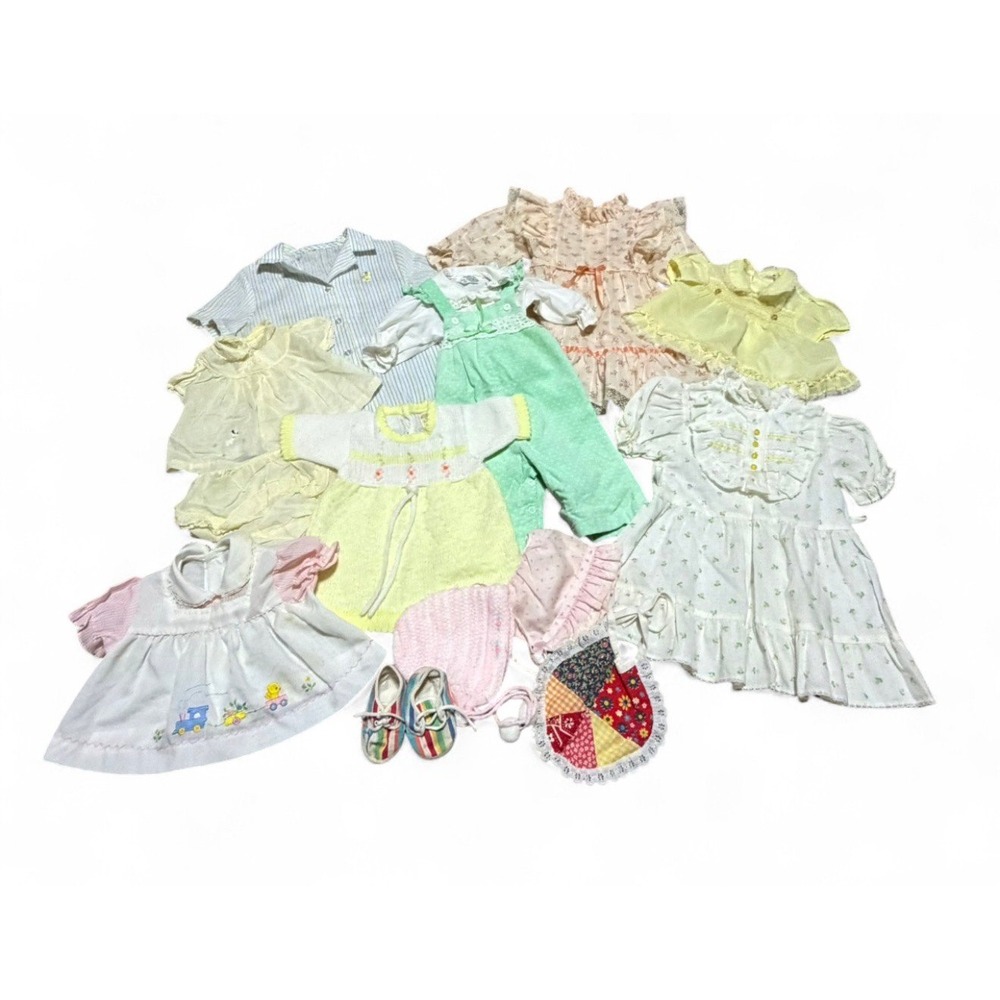 Vintage 70s 80s Baby Girl Clothes Lot Dresses Bonnets Shoes  Handmade USA 12pc
